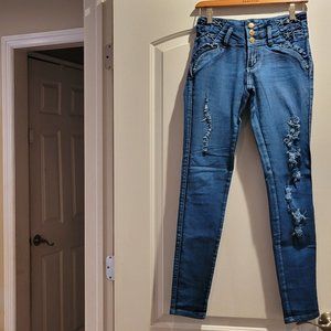 Electric Blue 3 Button Jeans With Rhinestones